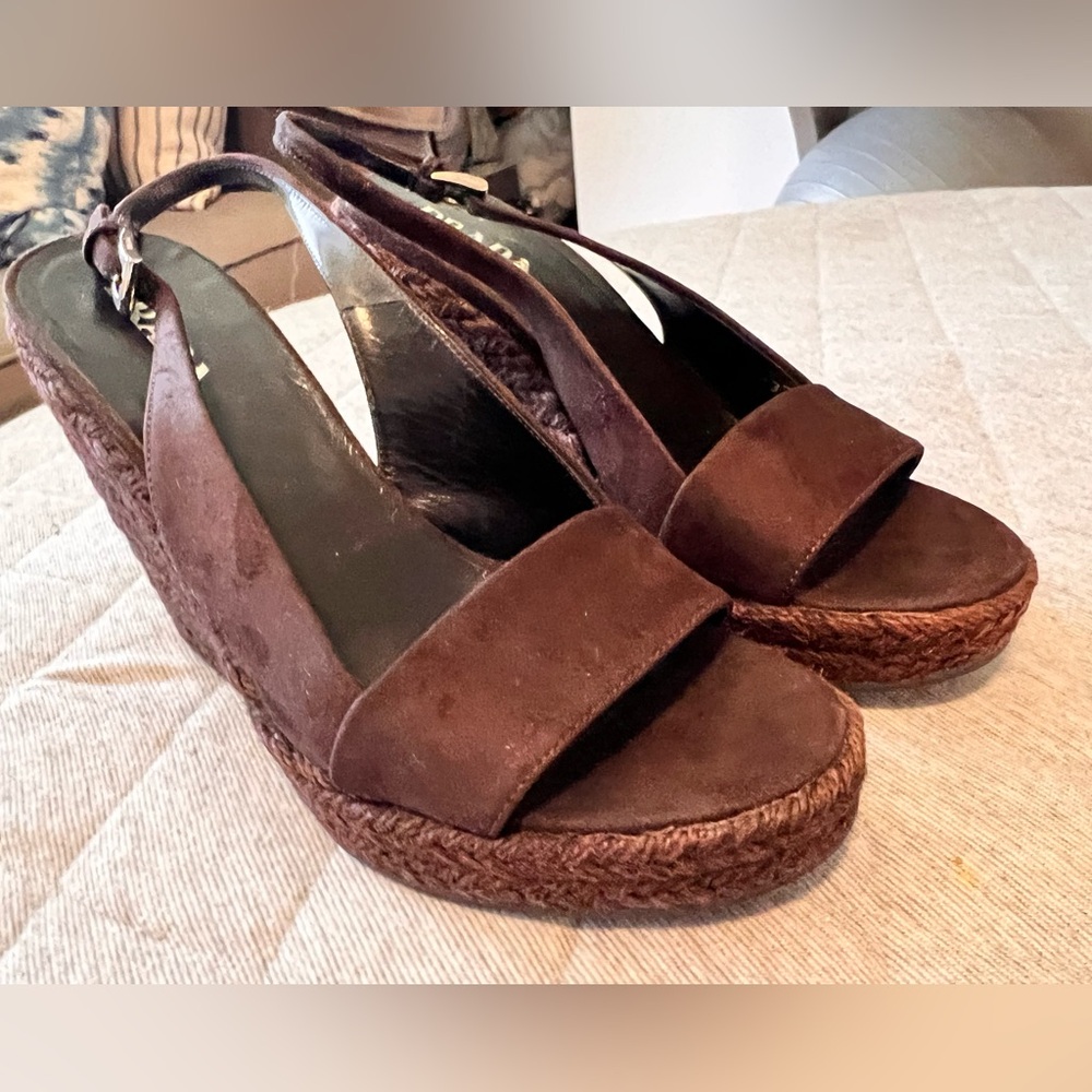 PRADA EU 37 US 7 Brown Suede Sling Back Espadrille Wedge Shoes Orig $1150 - Picture 2 of 11